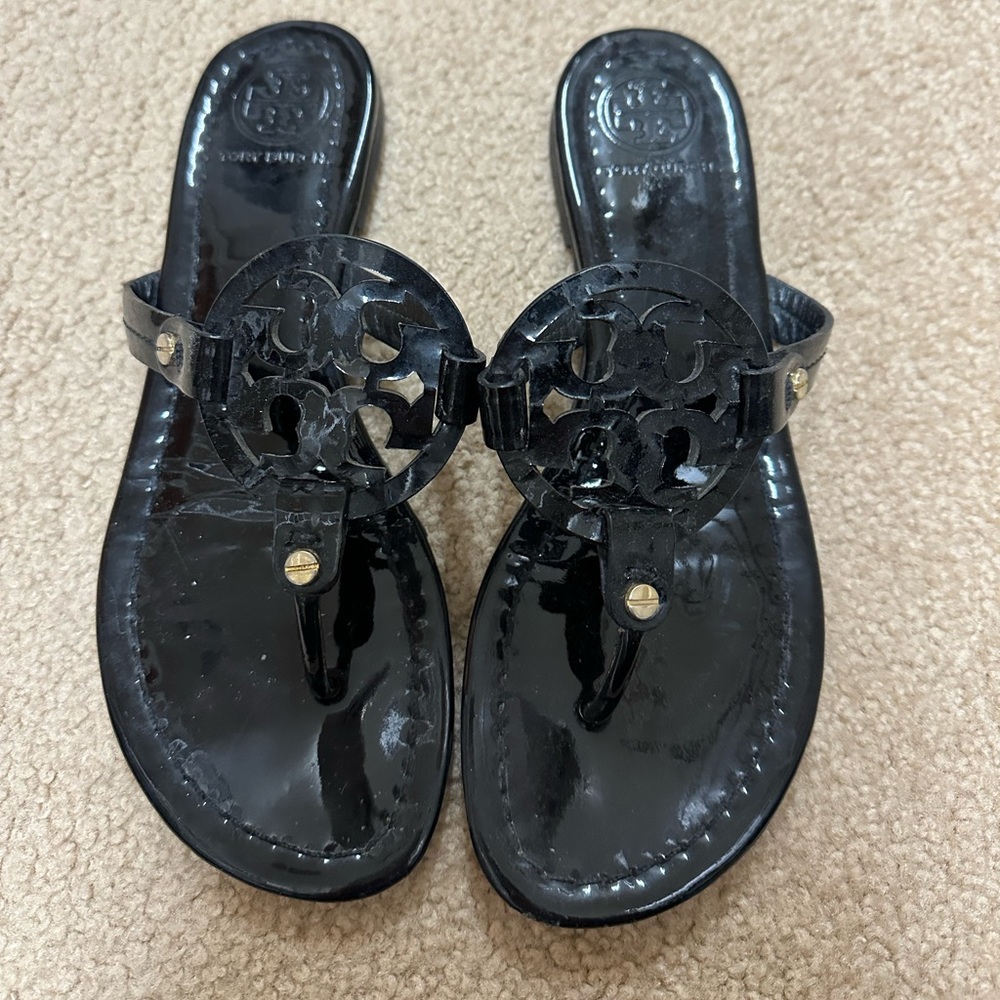 Tory Burch Sandals, Black Patent Leather, Size 8